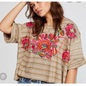 NWT FREE PEOPLE Catalunya Embroidered Striped Oversized Top Tunic Tee sz S $128